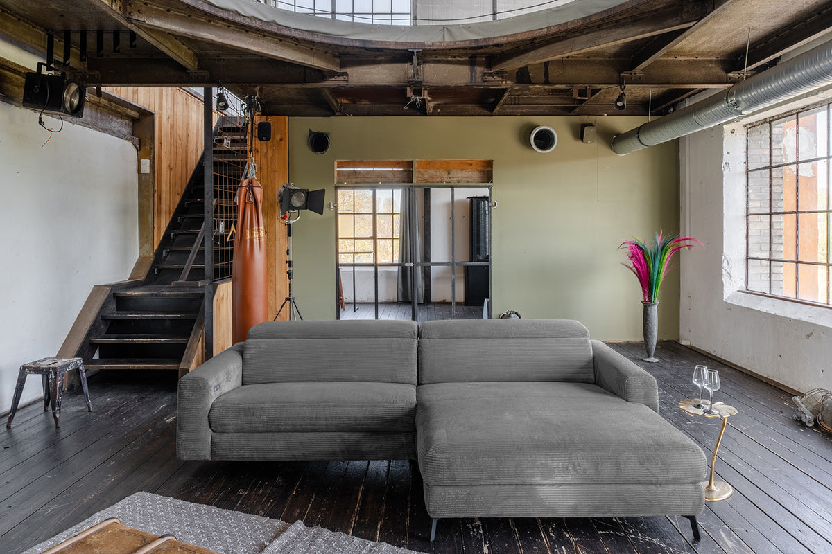 KAWOLA Sofa LAISKA Ecksofa Relaxfunktion teilmotorisch Cord grau