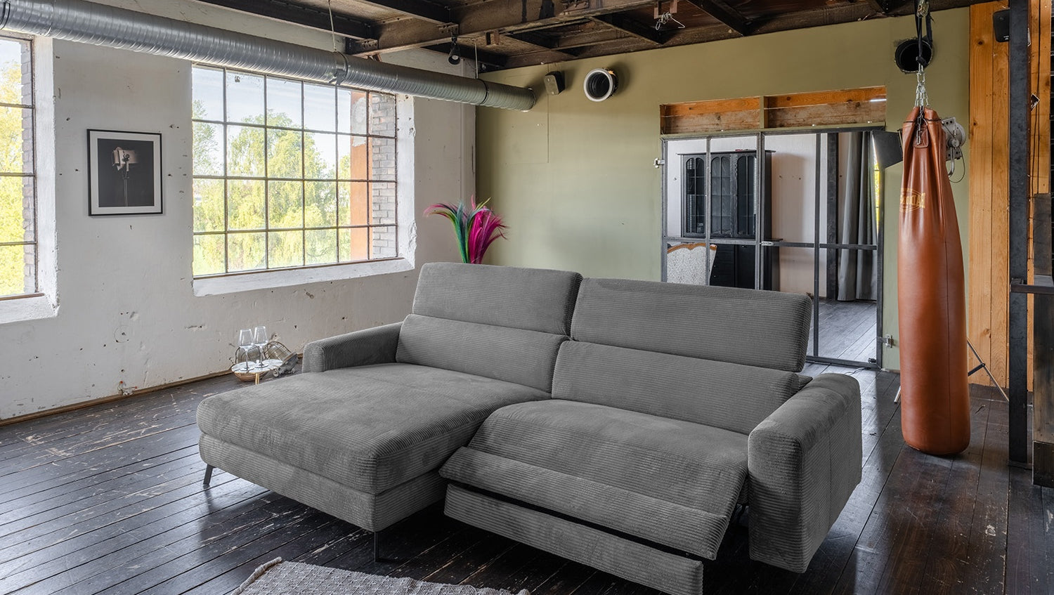 KAWOLA Sofa LAISKA Ecksofa Relaxfunktion teilmotorisch Cord grau, Links