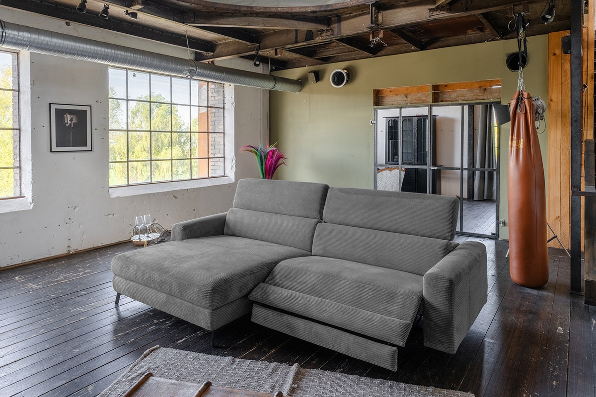 KAWOLA Sofa LAISKA Ecksofa Relaxfunktion teilmotorisch Cord grau, Links