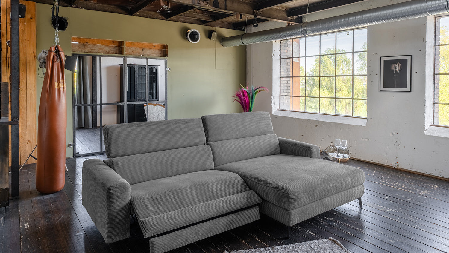 KAWOLA Sofa LAISKA Ecksofa Relaxfunktion teilmotorisch Cord grau, Rechts