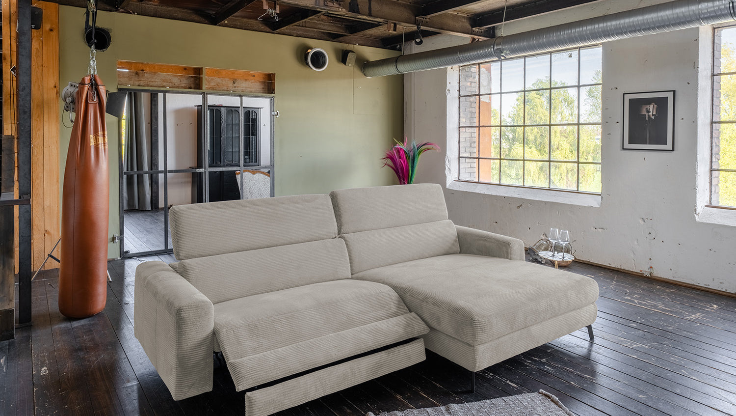 KAWOLA Sofa LAISKA Ecksofa Relaxfunktion teilmotorisch Cord steingrau, Rechts