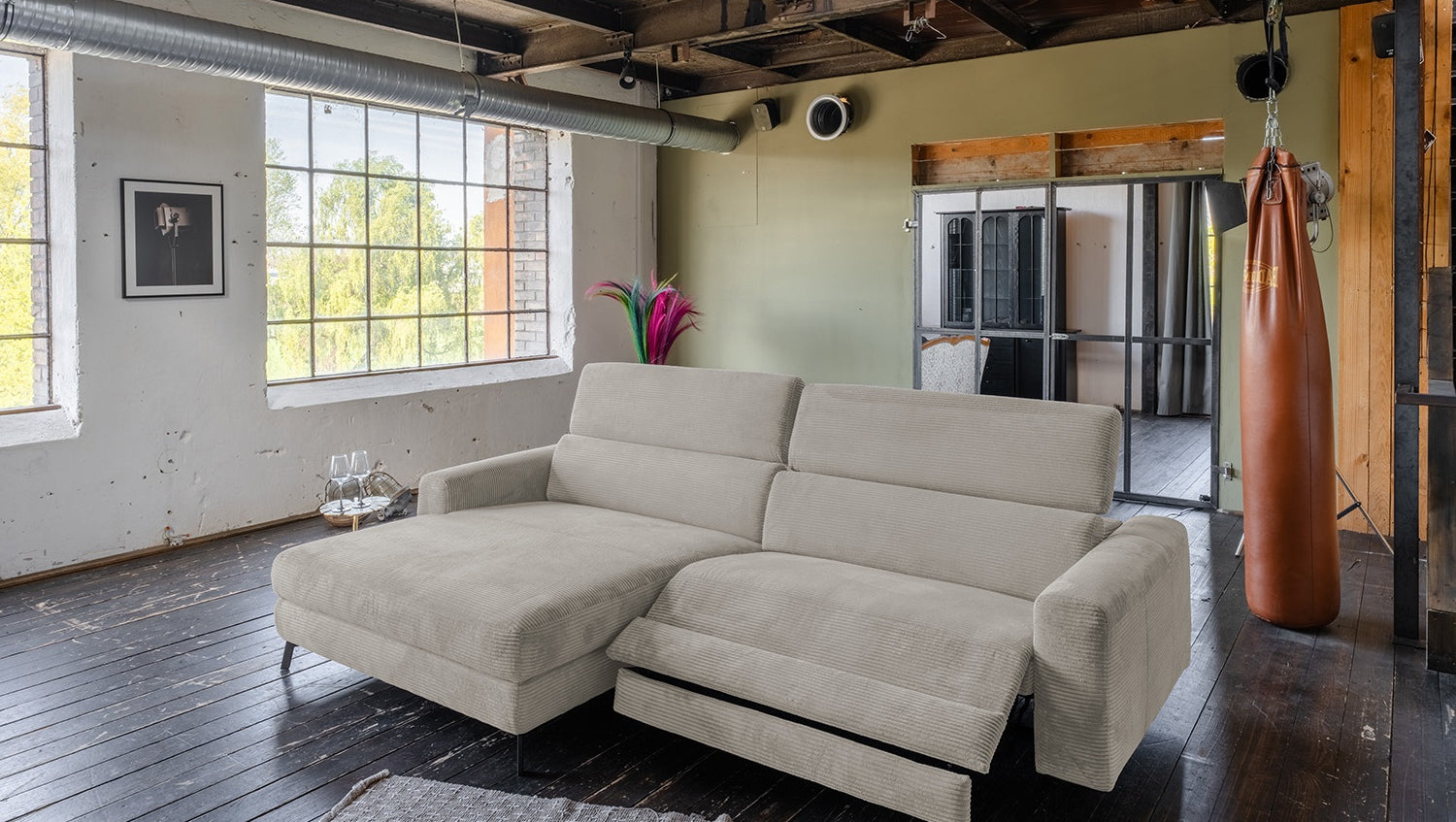 KAWOLA Sofa LAISKA Ecksofa Relaxfunktion teilmotorisch Cord steingrau, Links
