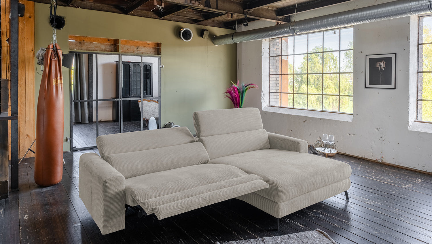 KAWOLA Sofa LAISKA Ecksofa Relaxfunktion teilmotorisch Cord steingrau