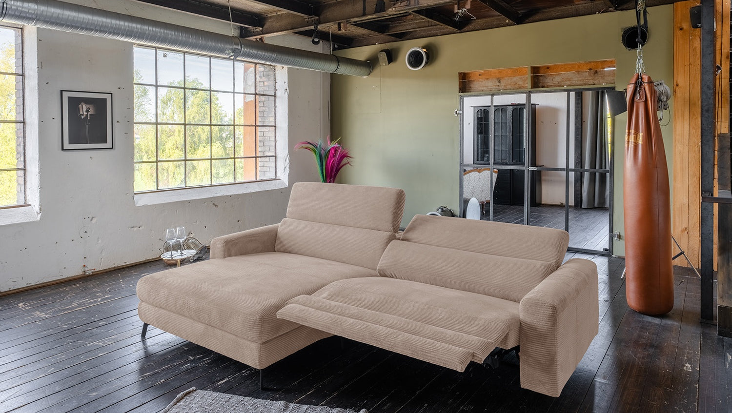 KAWOLA Sofa LAISKA Ecksofa Relaxfunktion teilmotorisch Cord taupe