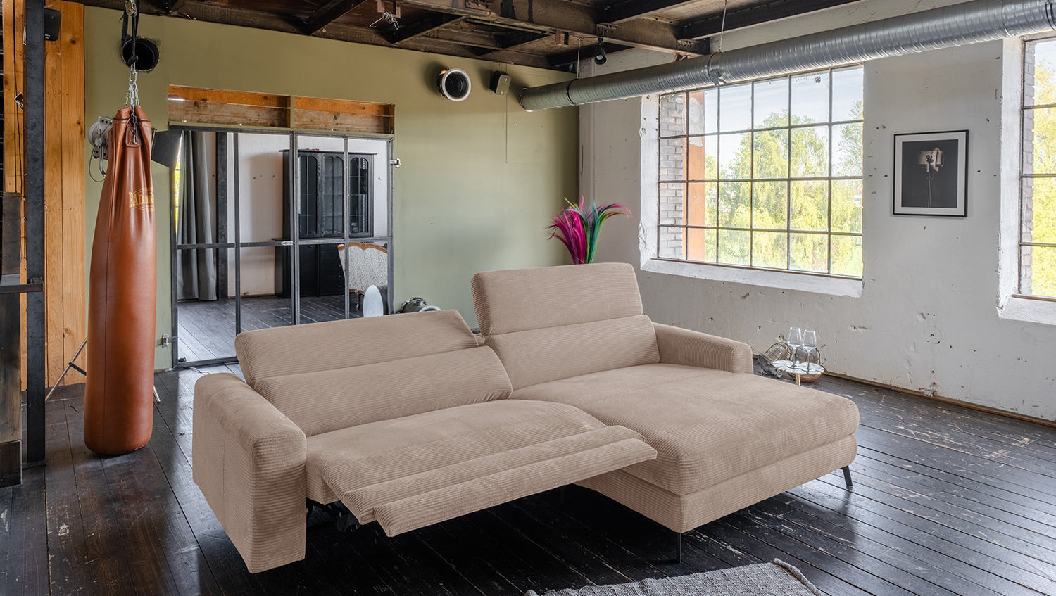 KAWOLA Sofa LAISKA Ecksofa Relaxfunktion teilmotorisch Cord taupe