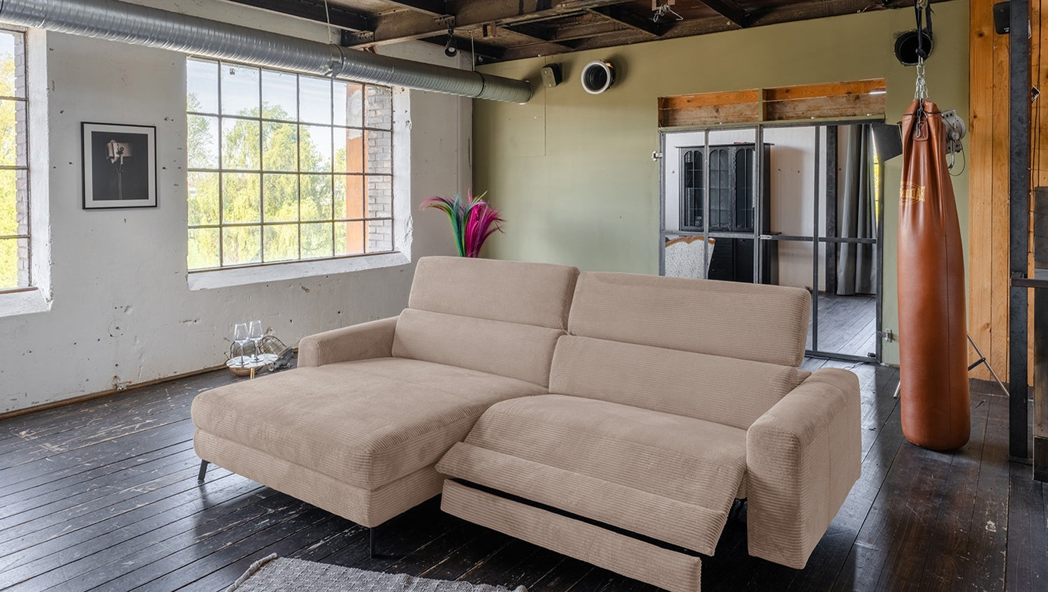 KAWOLA Sofa LAISKA Ecksofa Relaxfunktion teilmotorisch Cord taupe, Links
