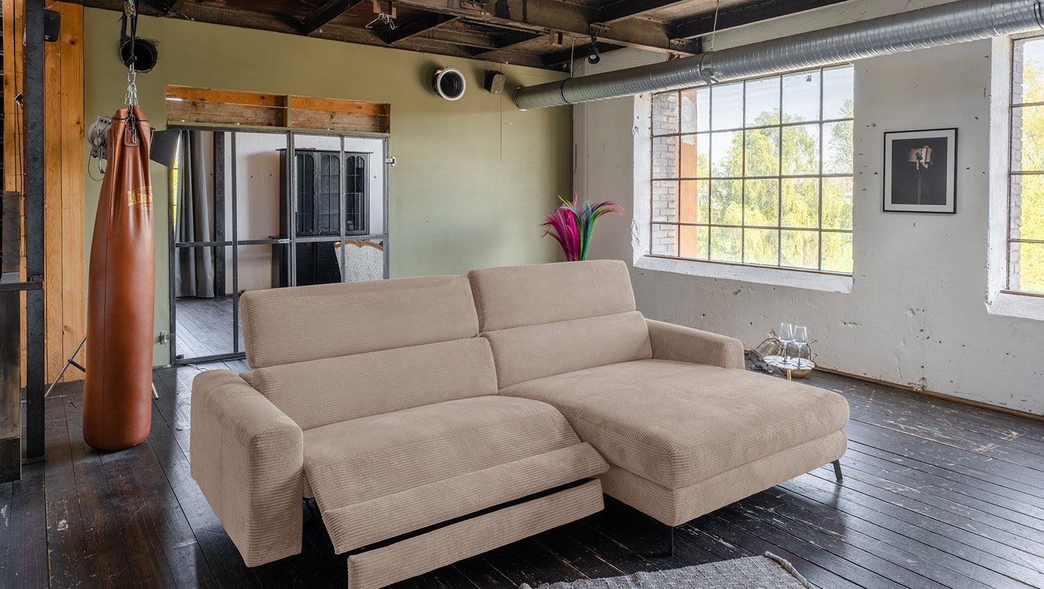 KAWOLA Sofa LAISKA Ecksofa Relaxfunktion teilmotorisch Cord taupe, Rechts