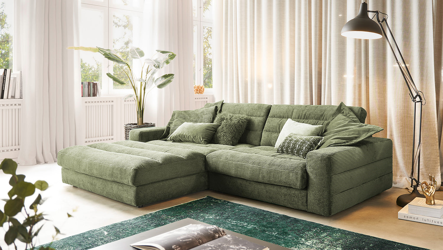 KAWOLA Sofa LANA Ecksofa Cord olivgrün, Links