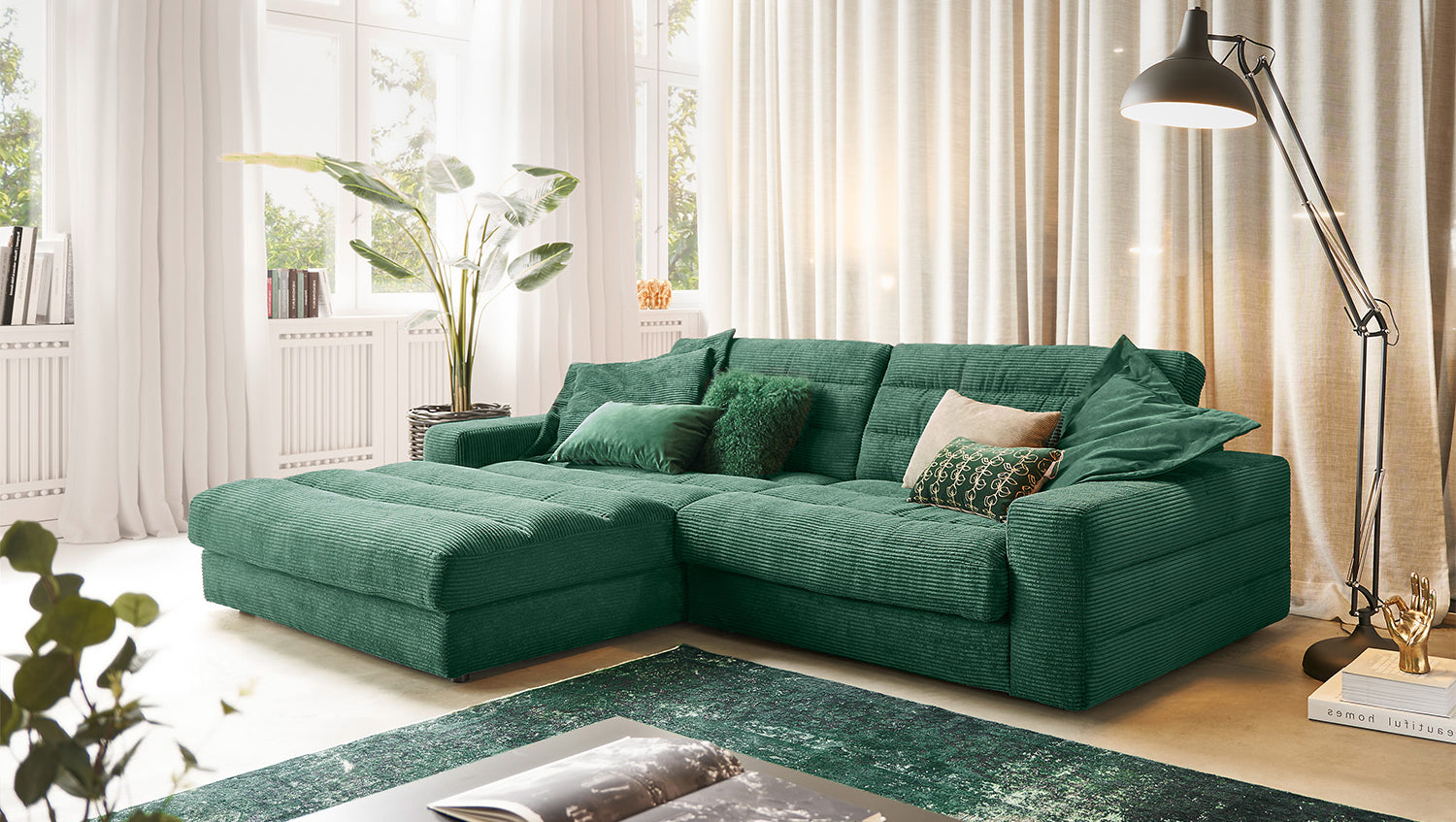 KAWOLA Sofa LANA Ecksofa Cord smaragd, Links