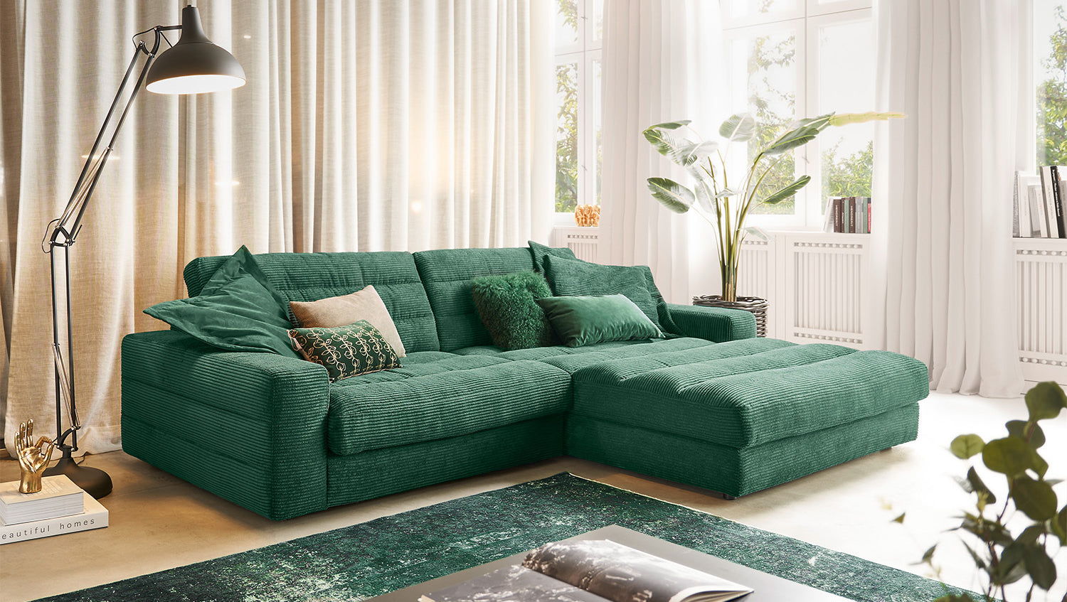 KAWOLA Sofa LANA Ecksofa Cord smaragd, Rechts
