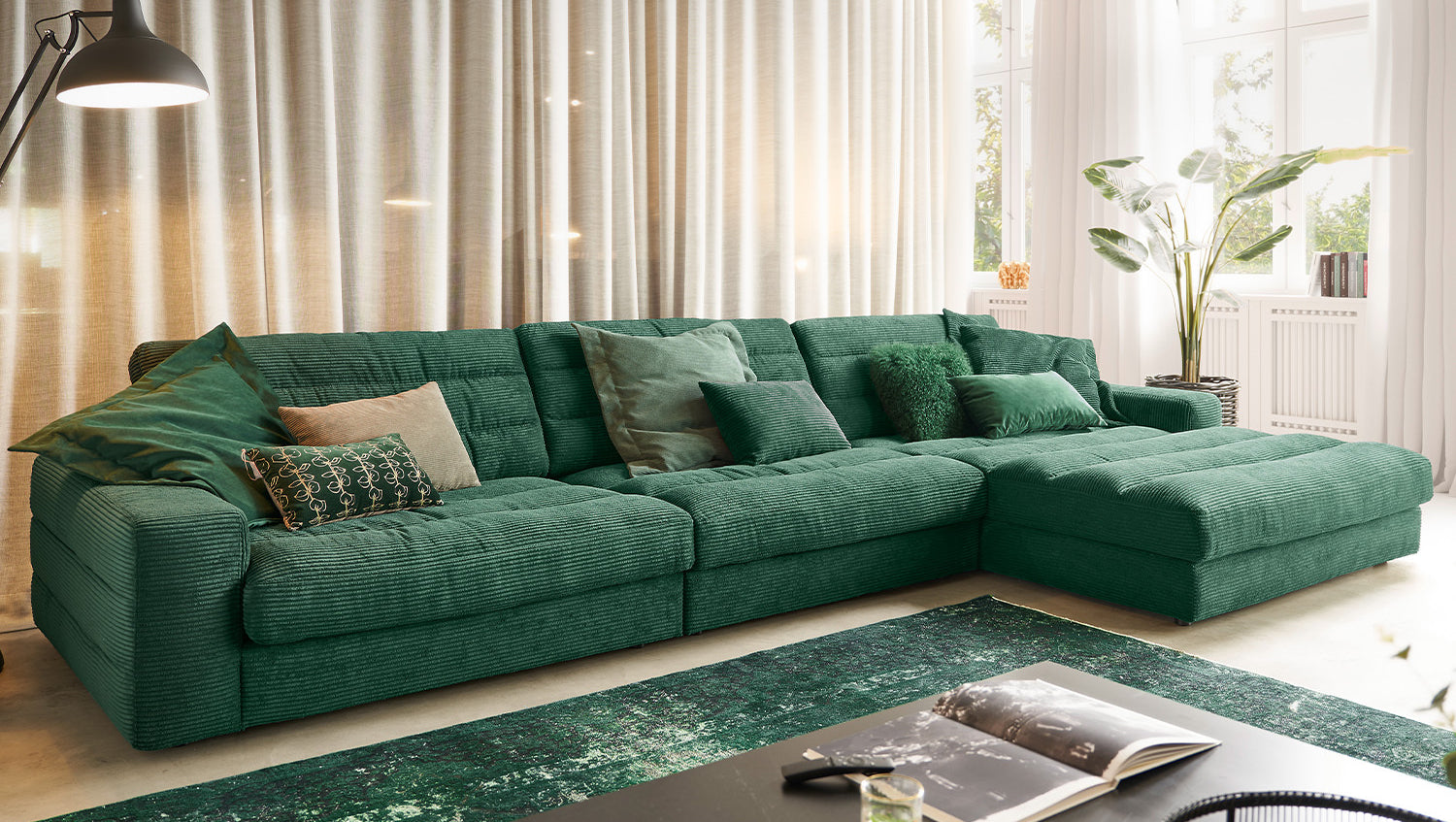 KAWOLA Sofa LANA XL Ecksofa Cord smaragd