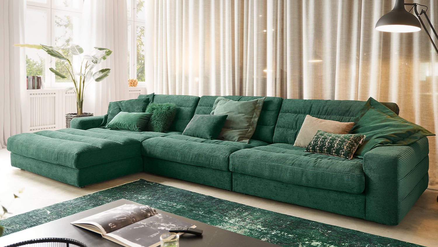 KAWOLA Sofa LANA XL Ecksofa Cord smaragd