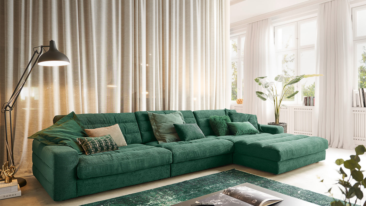 KAWOLA Sofa LANA XL Ecksofa Cord smaragd, Rechts