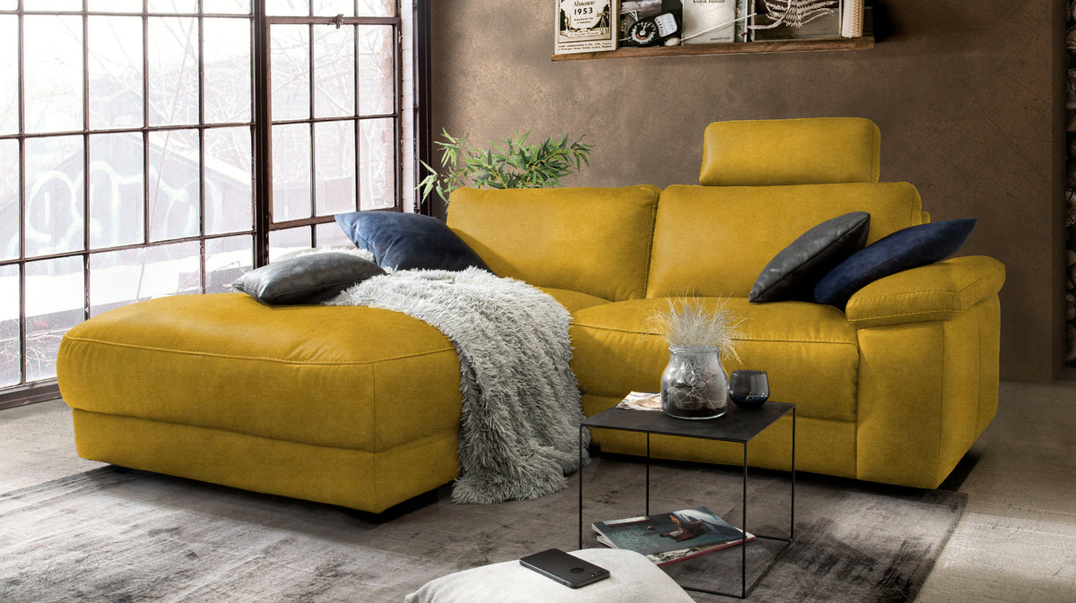 KAWOLA Sofa LOLA Ecksofa Stoff curry mit motorischer Relaxfunktion, 233 x 178, Links