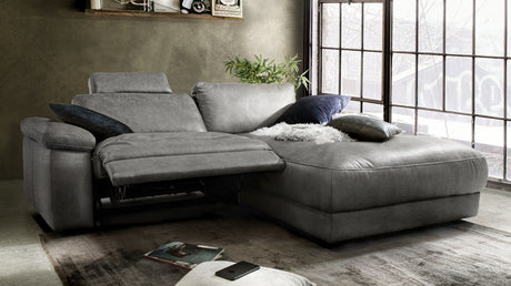 KAWOLA Sofa LOLA Ecksofa Stoff grau mit motorischer Relaxfunktion