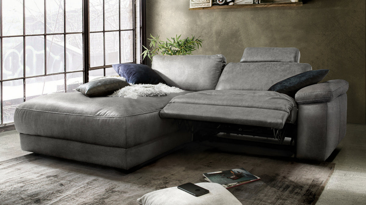 KAWOLA Sofa LOLA Ecksofa Stoff grau mit motorischer Relaxfunktion