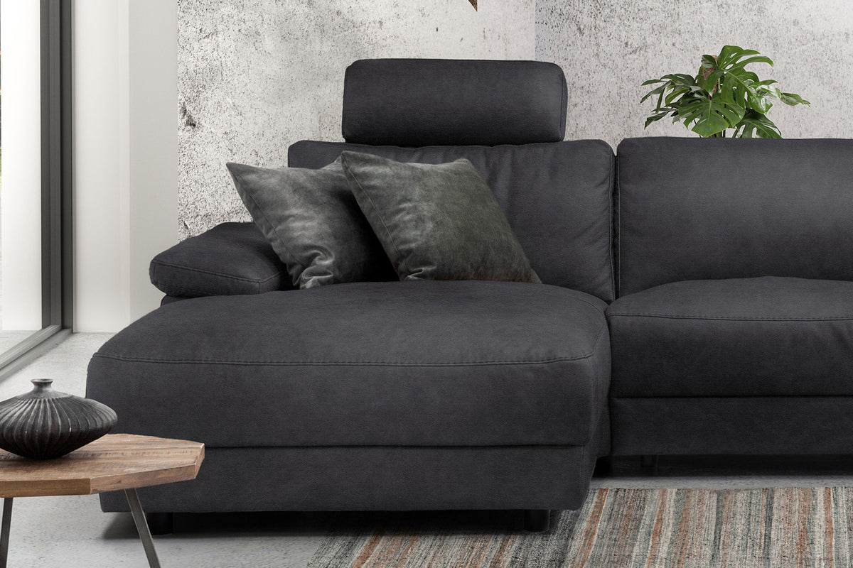 KAWOLA Sofa LOLA Ecksofa Stoff schwarz mit motorischer Relaxfunktion