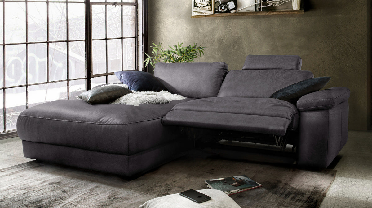 KAWOLA Sofa LOLA Ecksofa Stoff schwarz mit motorischer Relaxfunktion