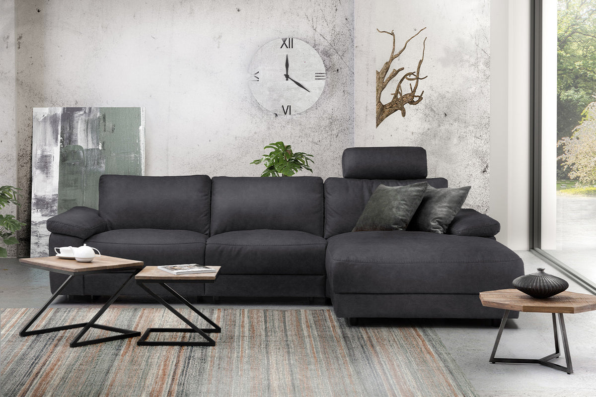 KAWOLA Sofa LOLA Ecksofa Stoff schwarz mit motorischer Relaxfunktion, 304 x 178, Rechts