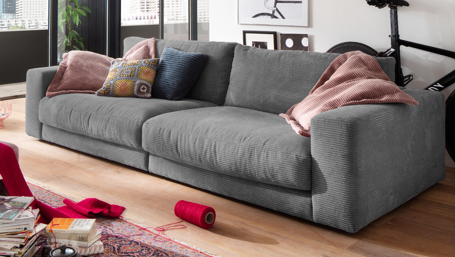 KAWOLA Sofa MADELINE 3-Sitzer Cord grau