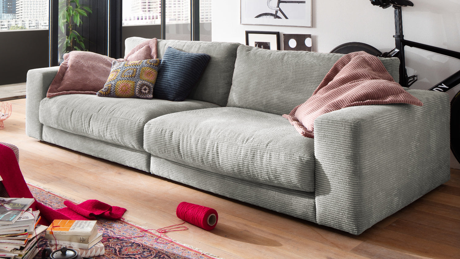 KAWOLA Sofa MADELINE 3-Sitzer Cord hellgrau