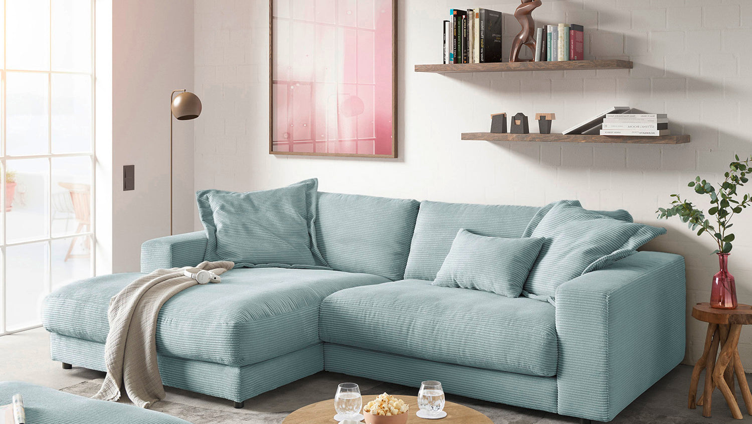 KAWOLA Sofa MADELINE Ecksofa Cord mit Longchair hellblau, Links
