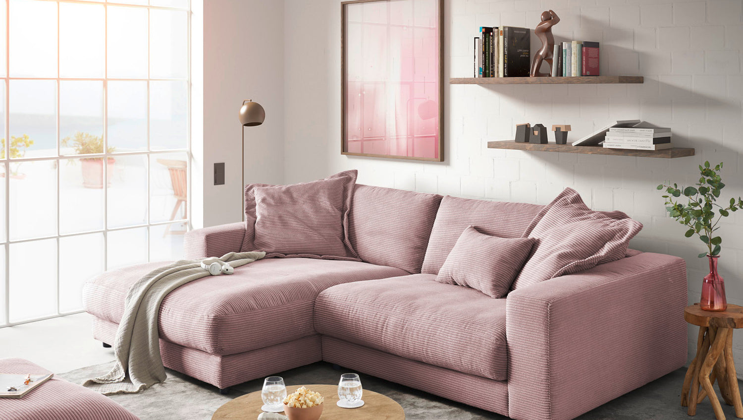 KAWOLA Sofa MADELINE Ecksofa Cord mit Longchair rosa, Links
