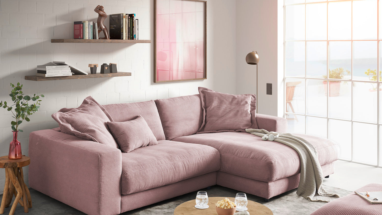 KAWOLA Sofa MADELINE Ecksofa Cord mit Longchair rosa, Rechts