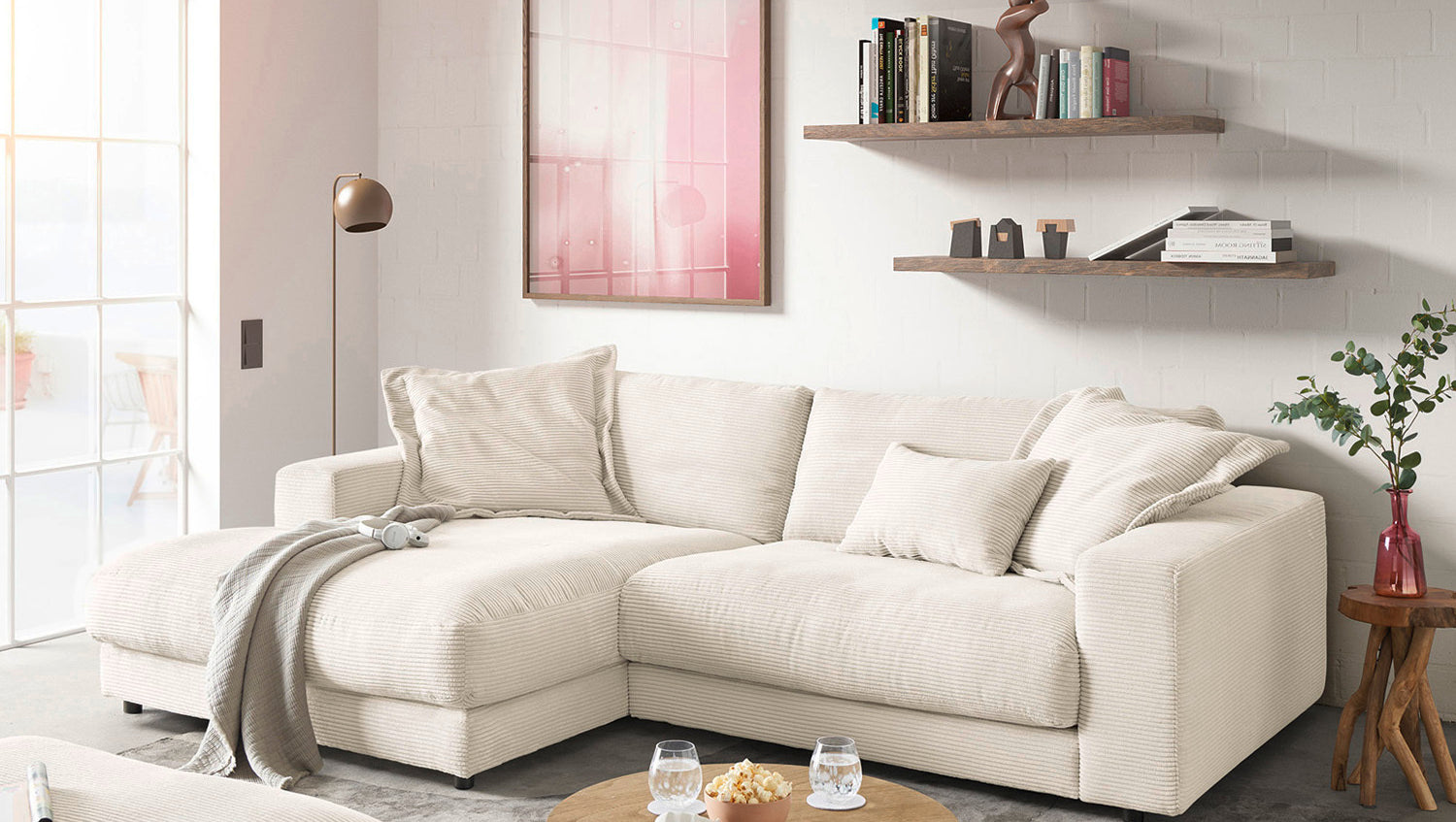 KAWOLA Sofa MADELINE Ecksofa mit Longchair Cord cremeweiß, Links