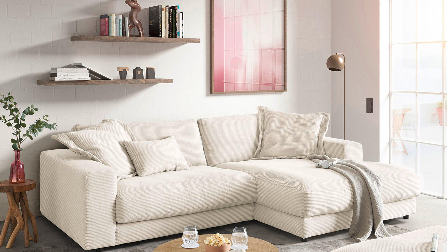 KAWOLA Sofa MADELINE Ecksofa mit Longchair Cord cremeweiß, Rechts