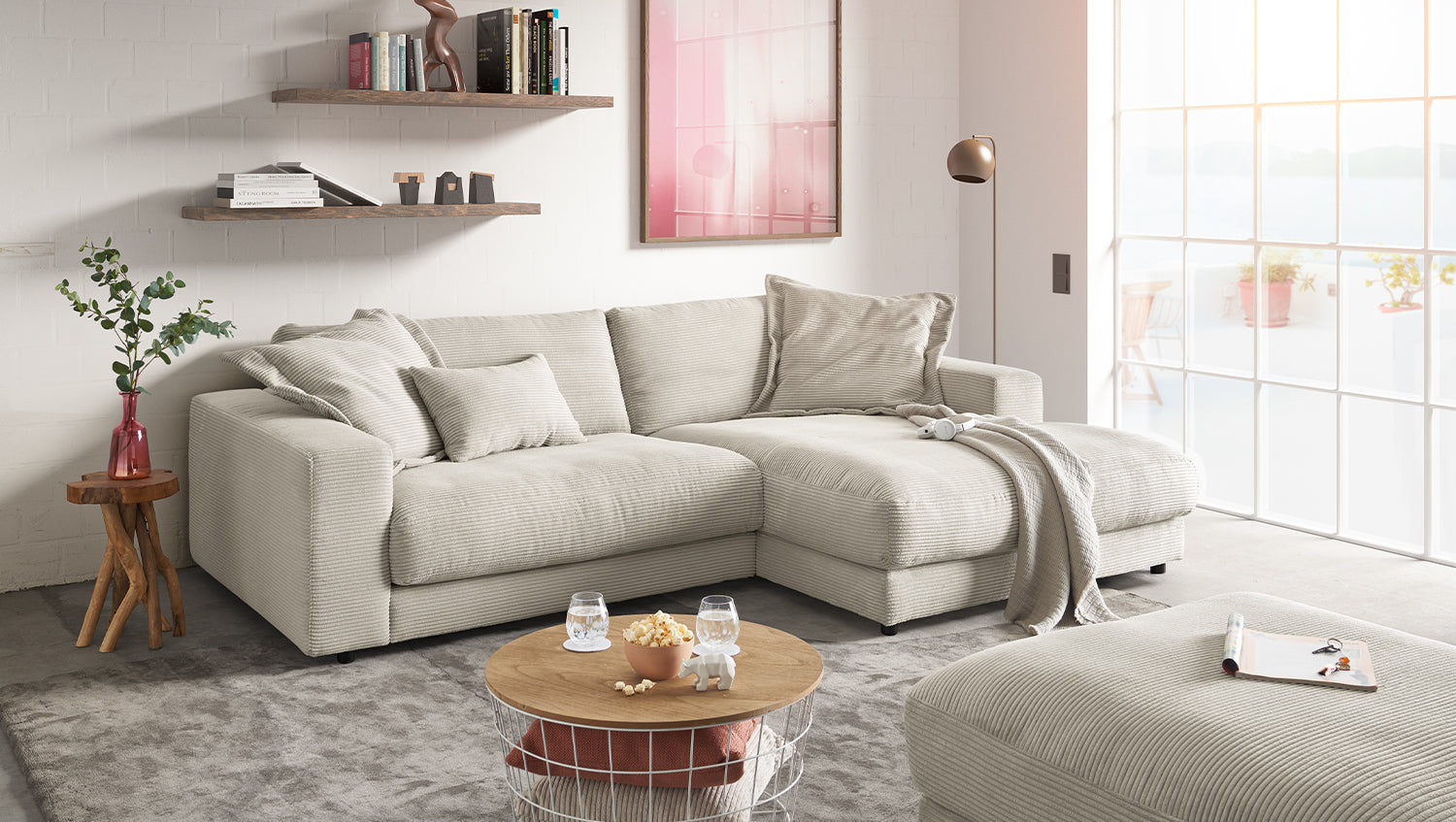 KAWOLA Sofa MADELINE Ecksofa mit Longchair Cord hellgrau, Rechts