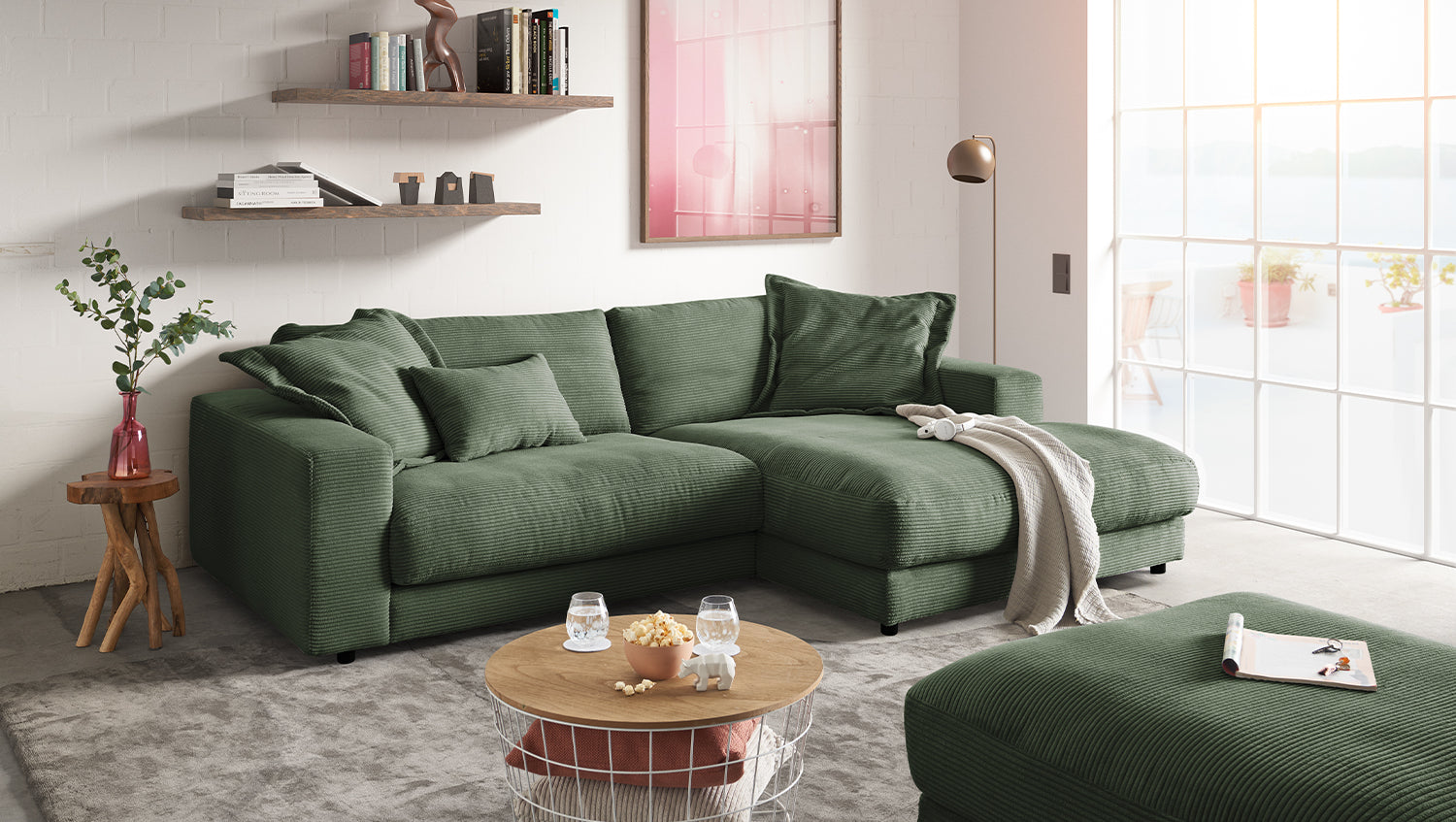 KAWOLA Sofa MADELINE Ecksofa mit Longchair Cord olivgrün, Rechts
