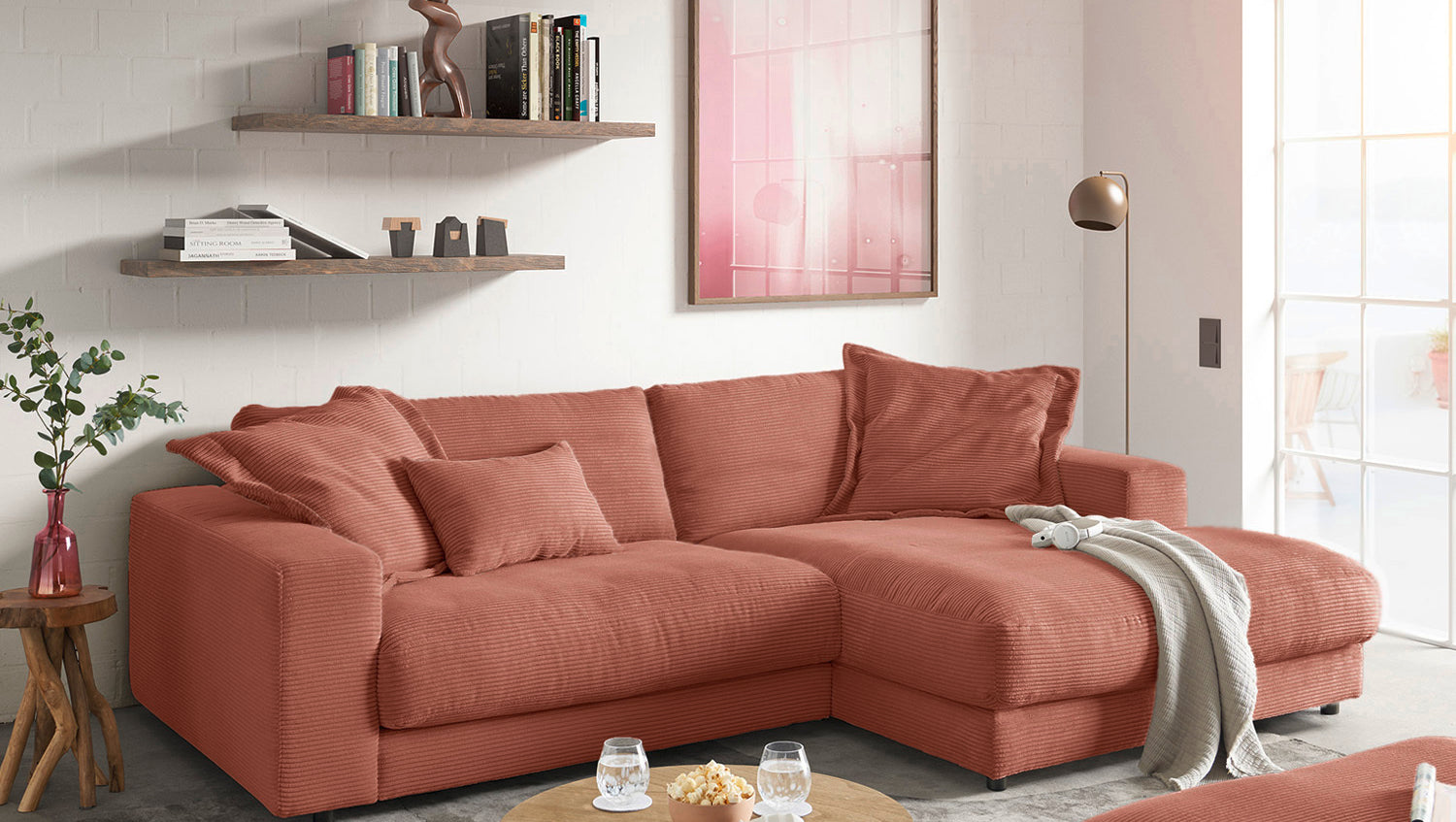 KAWOLA Sofa MADELINE Ecksofa mit Longchair Cord rost, Rechts