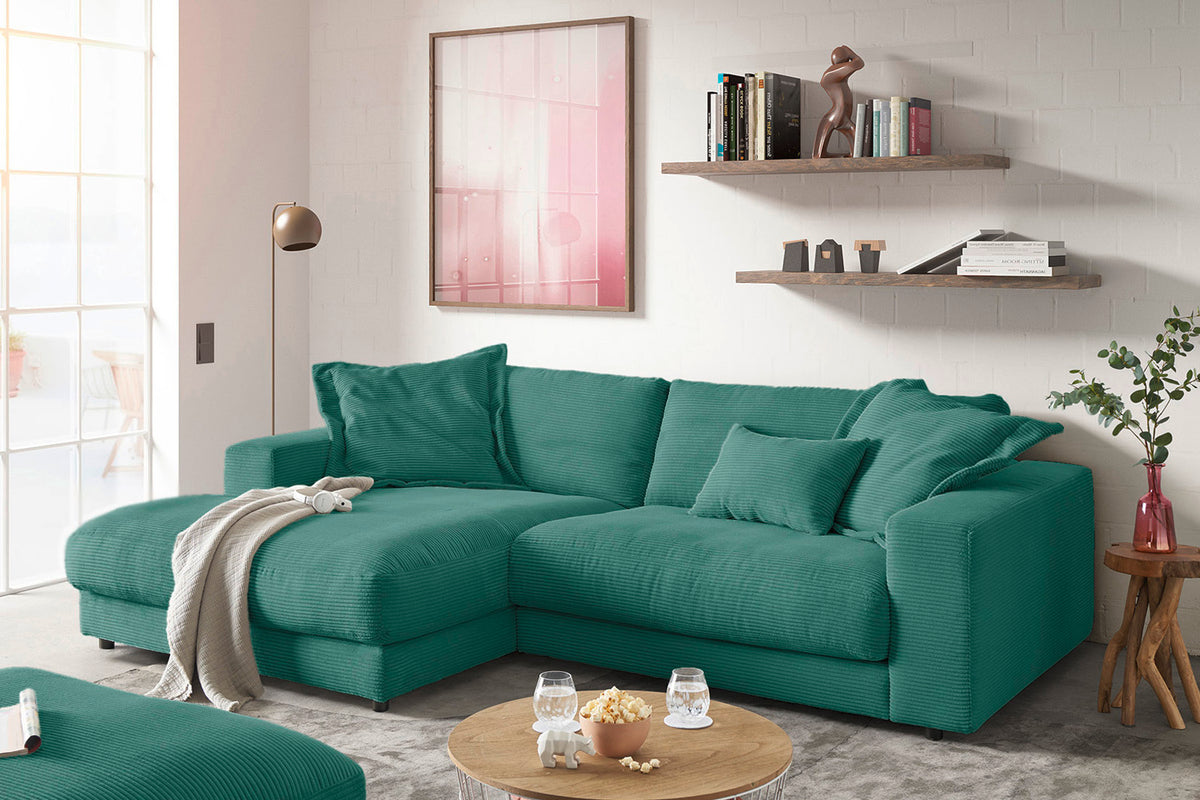 KAWOLA Sofa MADELINE Ecksofa mit Longchair Cord smaragd, Links
