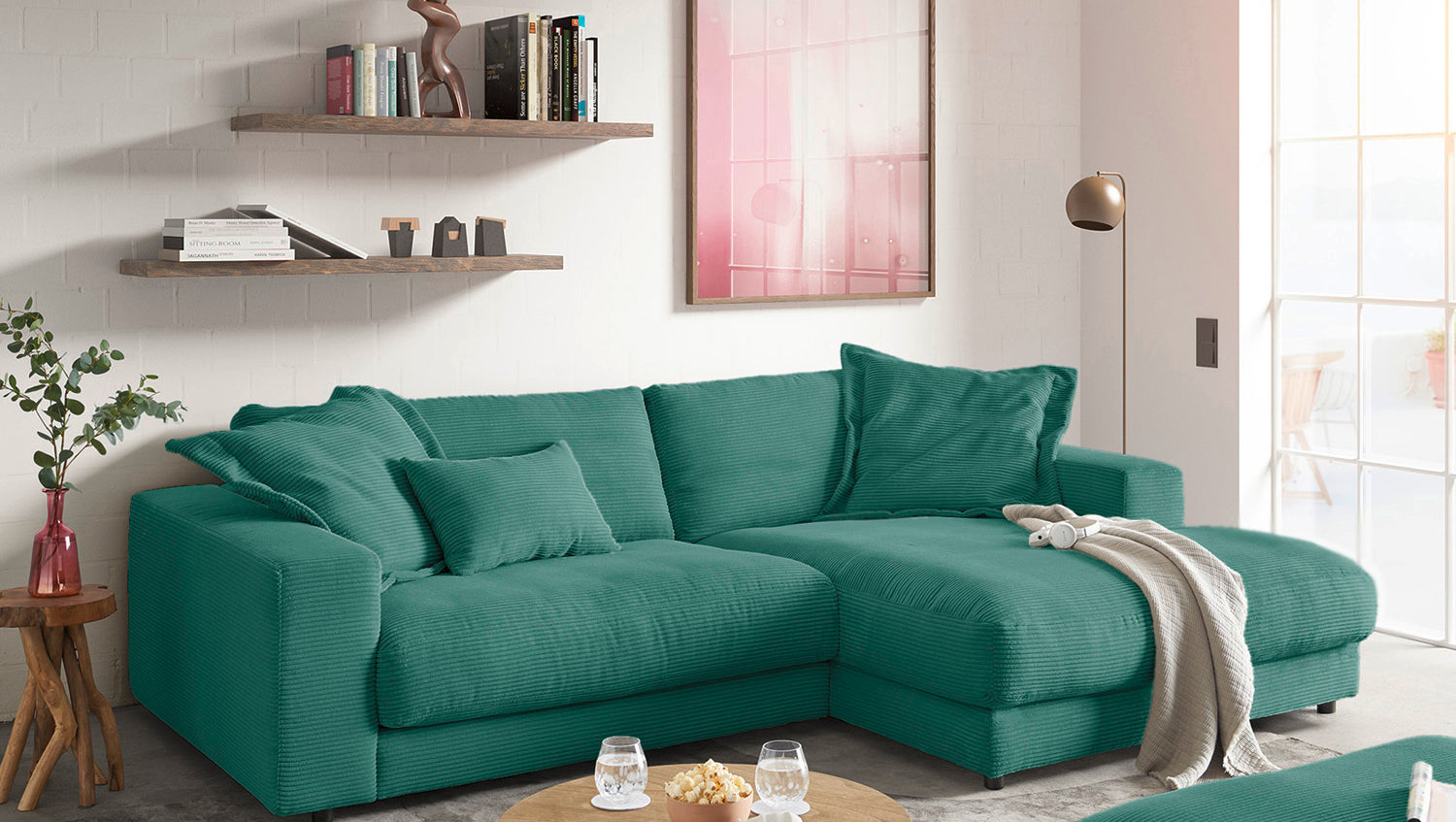 KAWOLA Sofa MADELINE Ecksofa mit Longchair Cord smaragd, Rechts