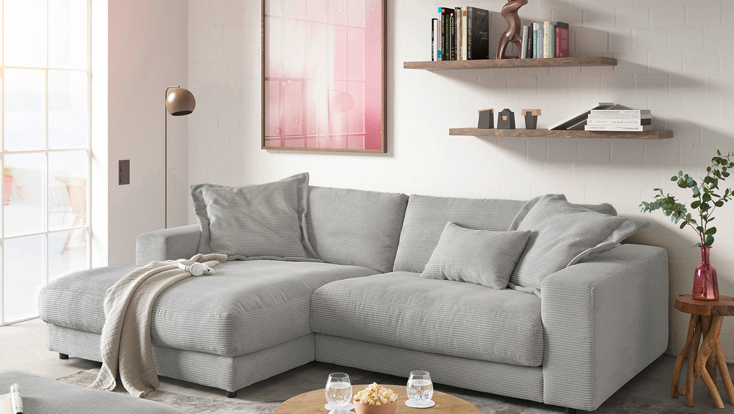 KAWOLA Sofa MADELINE Ecksofa mit Longchair Cord steingrau, Links