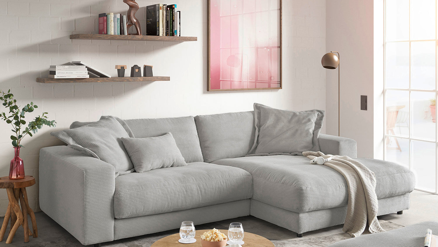 KAWOLA Sofa MADELINE Ecksofa mit Longchair Cord steingrau, Rechts