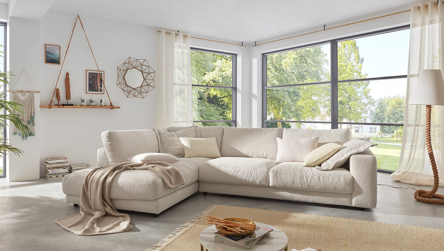 KAWOLA Sofa MADELINE Ecksofa mit Recamiere Cord cremeweiß, Links