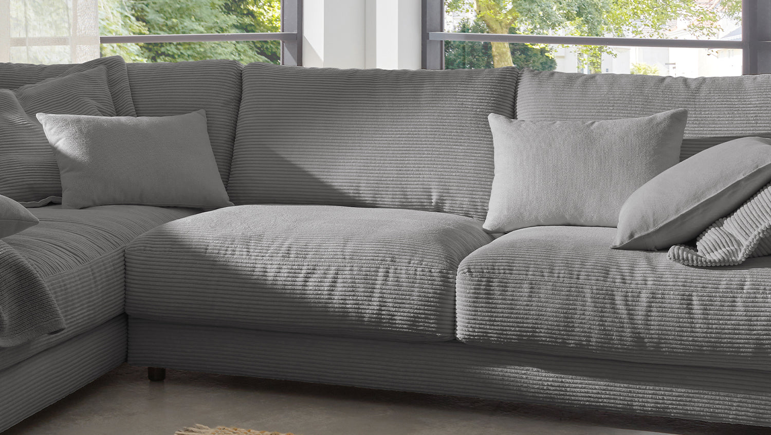 KAWOLA Sofa MADELINE Ecksofa mit Recamiere Cord grau