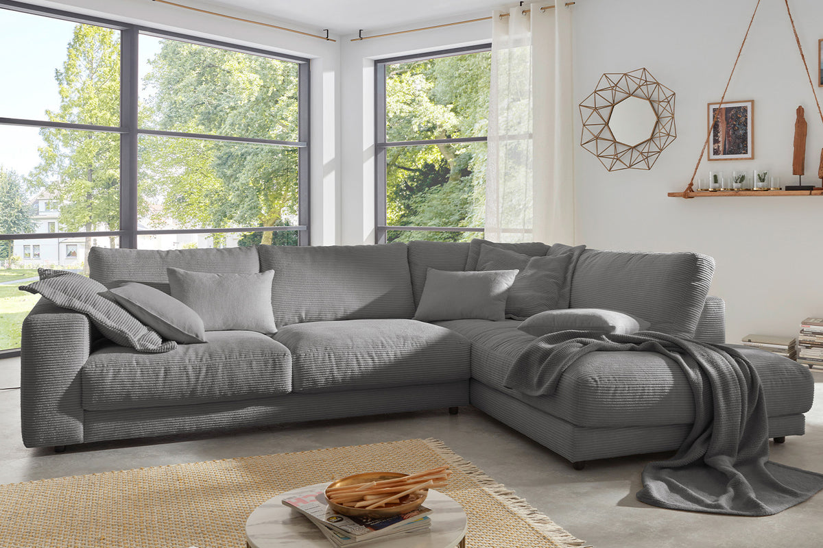 KAWOLA Sofa MADELINE Ecksofa mit Recamiere Cord grau
