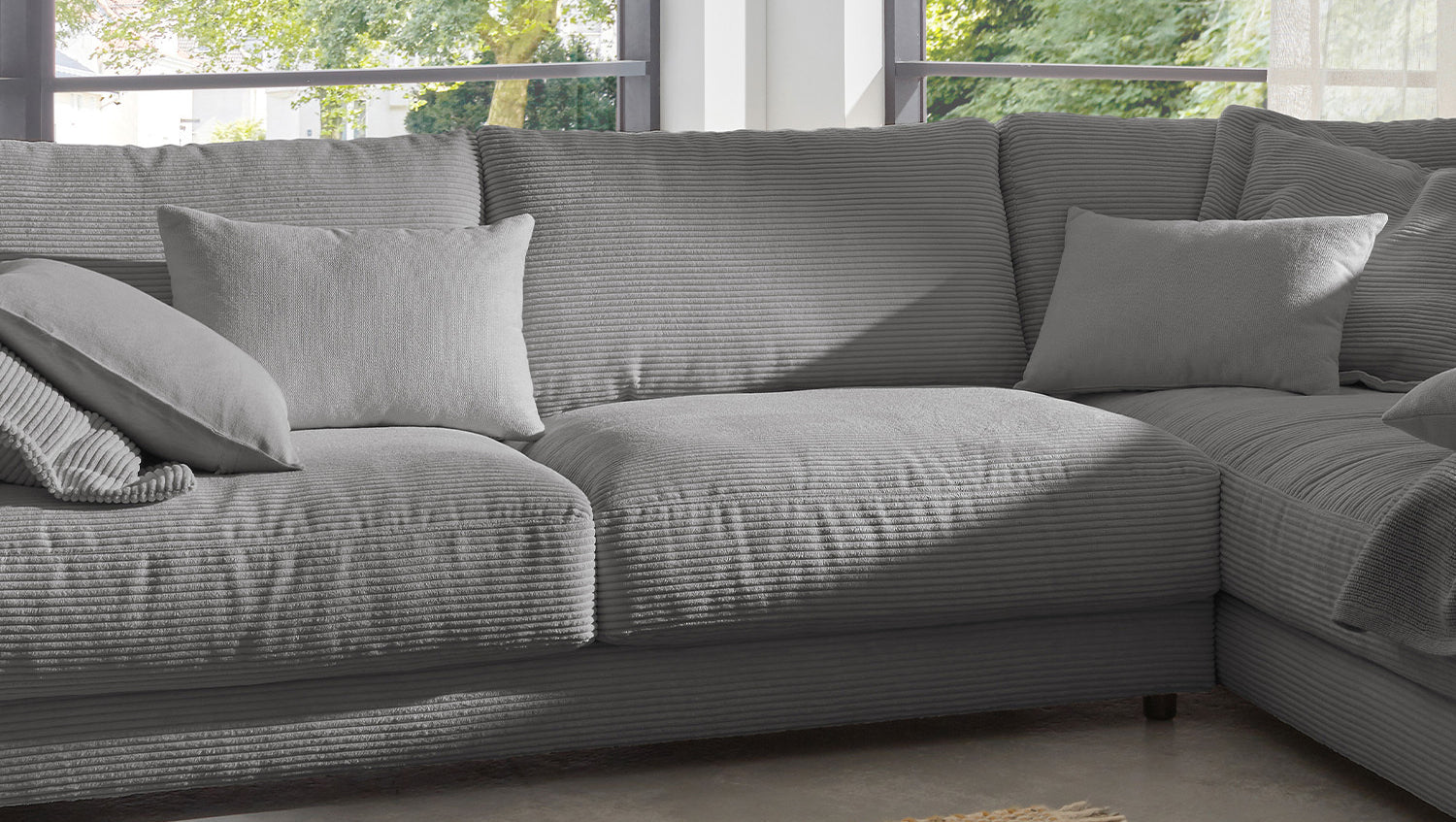 KAWOLA Sofa MADELINE Ecksofa mit Recamiere Cord grau