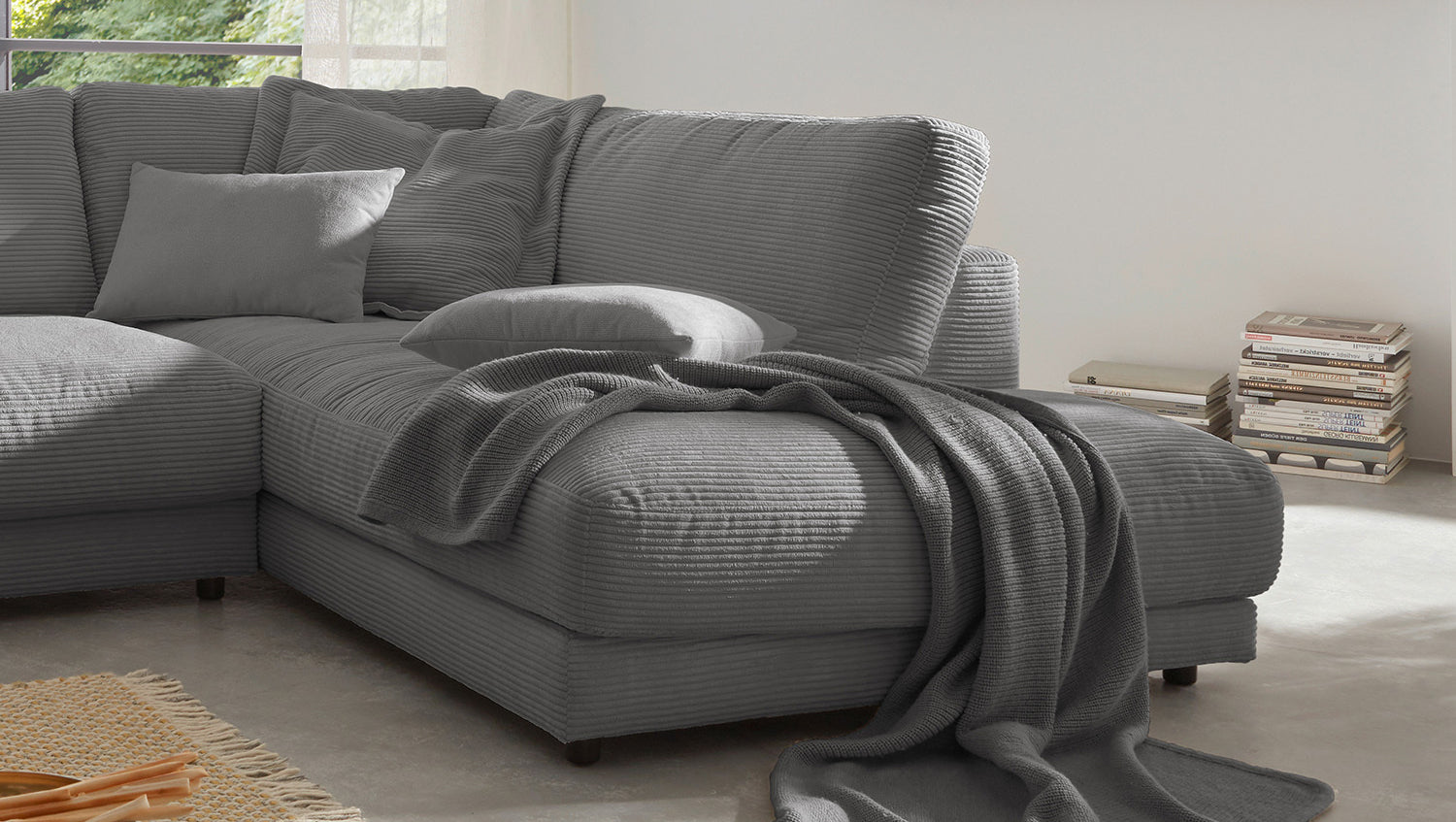 KAWOLA Sofa MADELINE Ecksofa mit Recamiere Cord grau