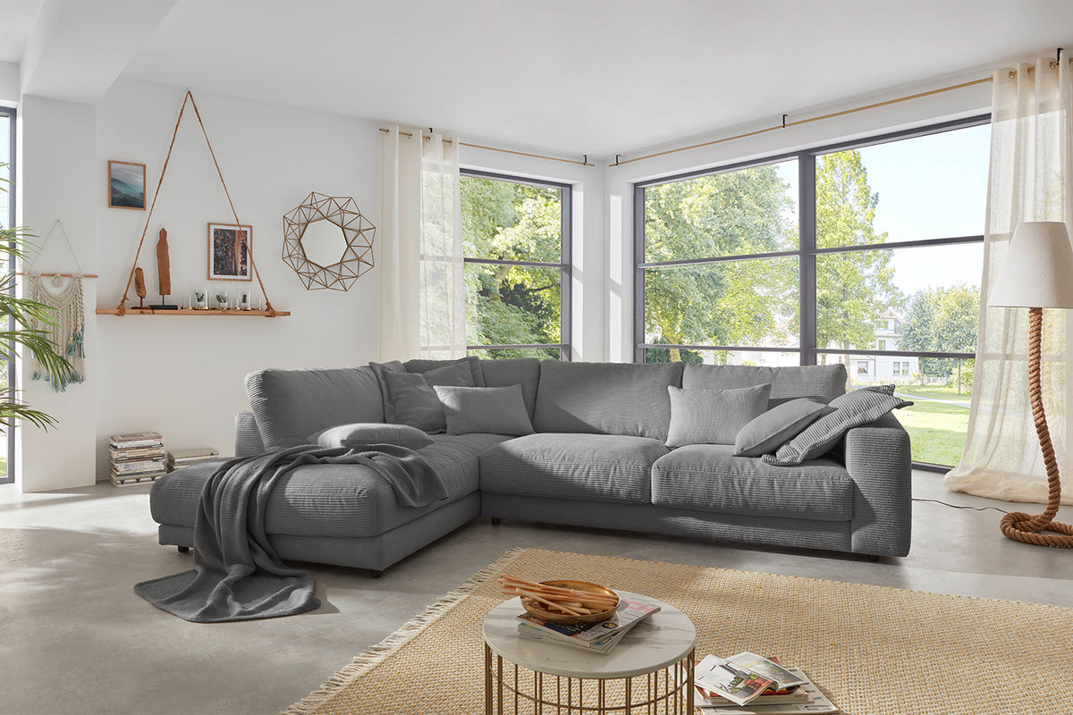KAWOLA Sofa MADELINE Ecksofa mit Recamiere Cord grau, Links
