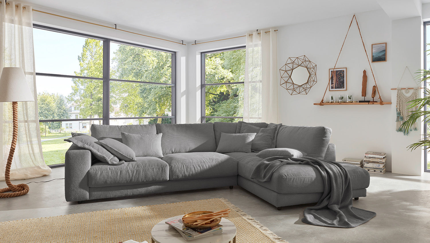 KAWOLA Sofa MADELINE Ecksofa mit Recamiere Cord grau, Rechts