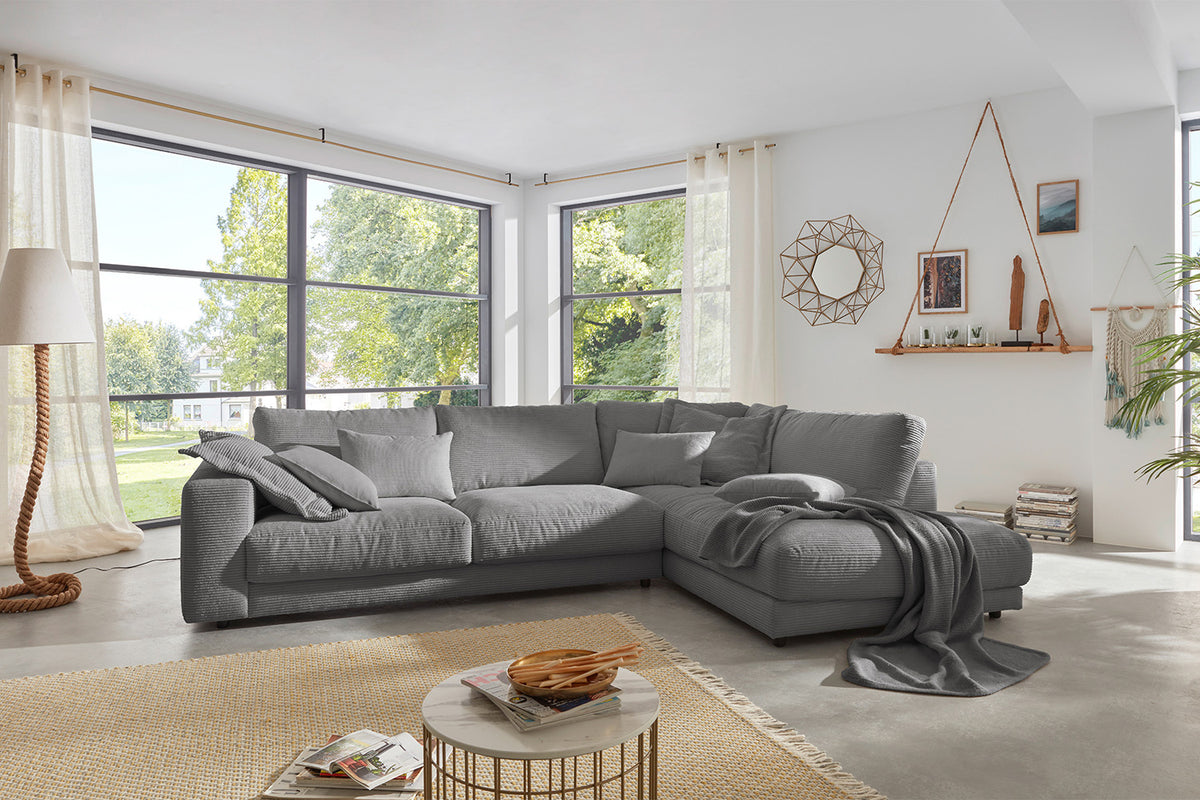 KAWOLA Sofa MADELINE Ecksofa mit Recamiere Cord grau, Rechts