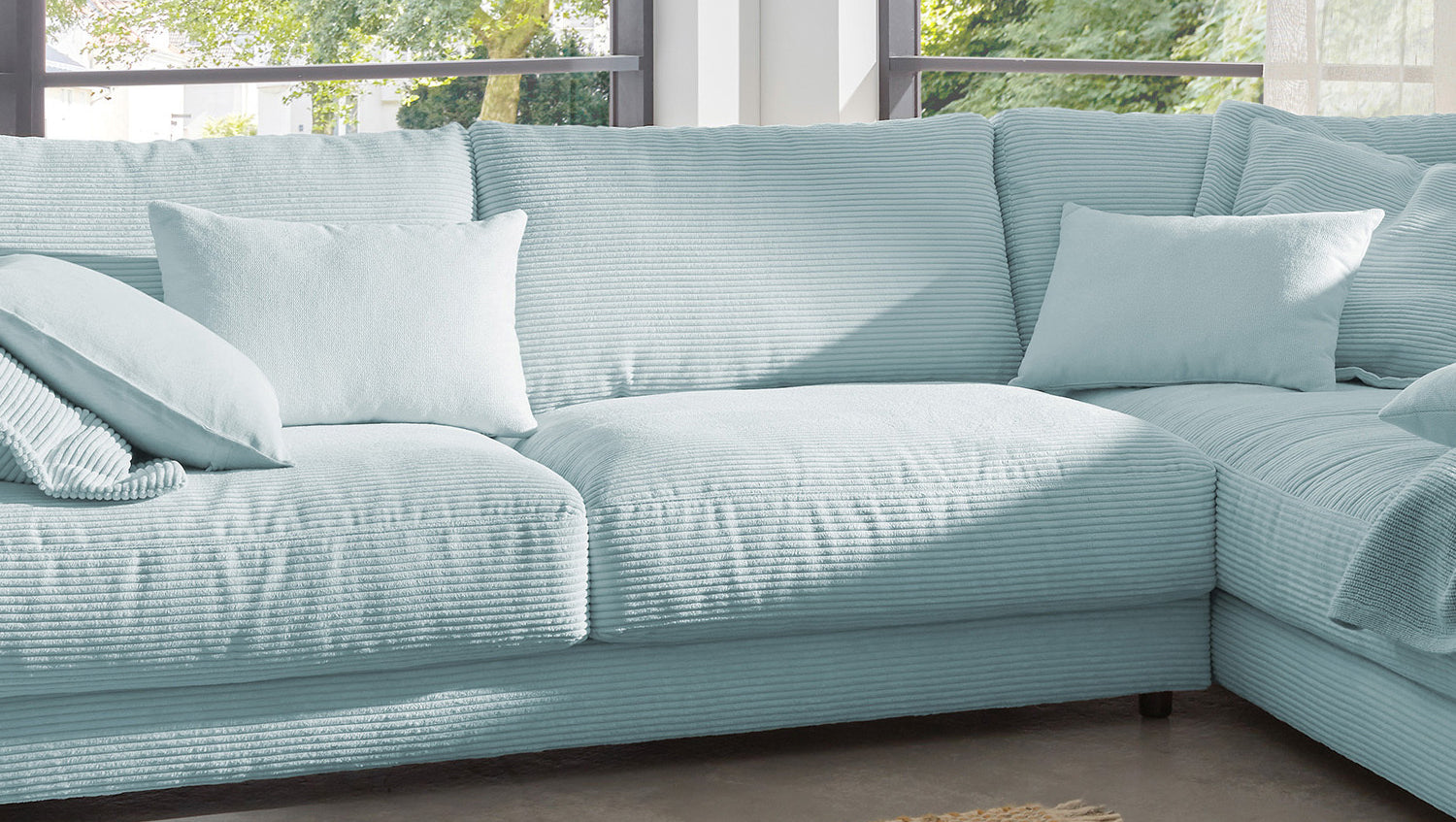 KAWOLA Sofa MADELINE Ecksofa mit Recamiere Cord hellblau