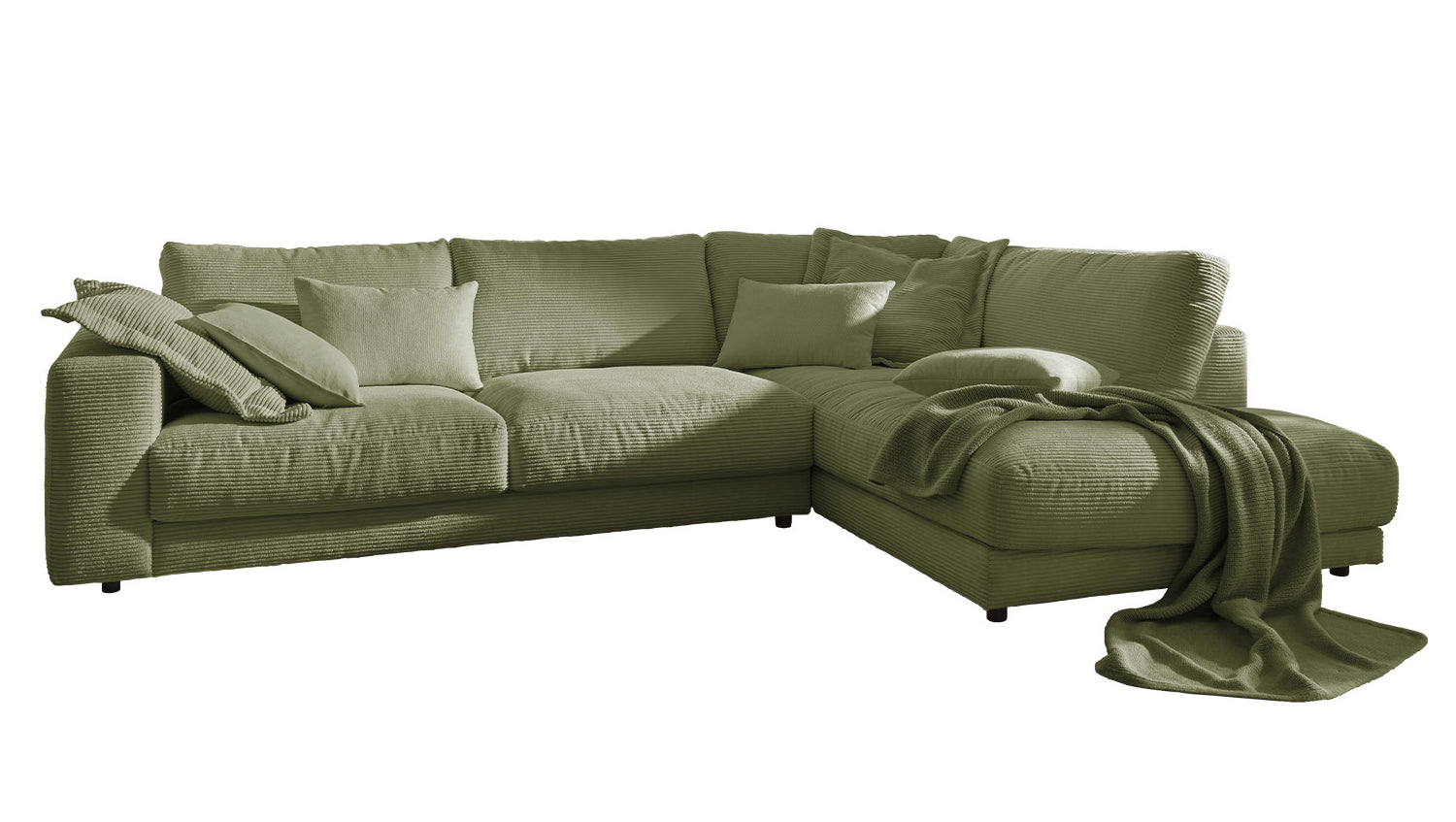 KAWOLA Sofa MADELINE Ecksofa mit Recamiere Cord olivgrün