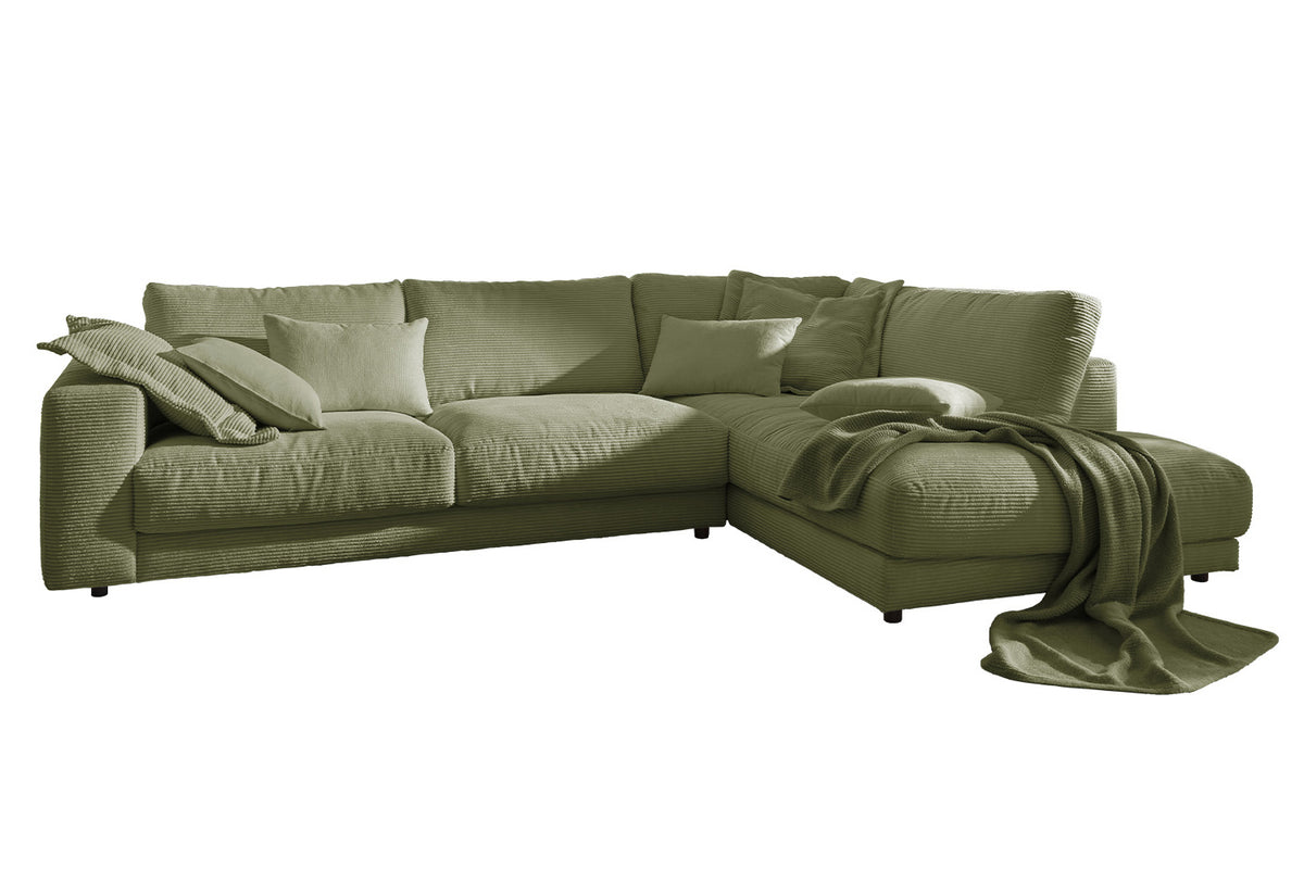 KAWOLA Sofa MADELINE Ecksofa mit Recamiere Cord olivgrün