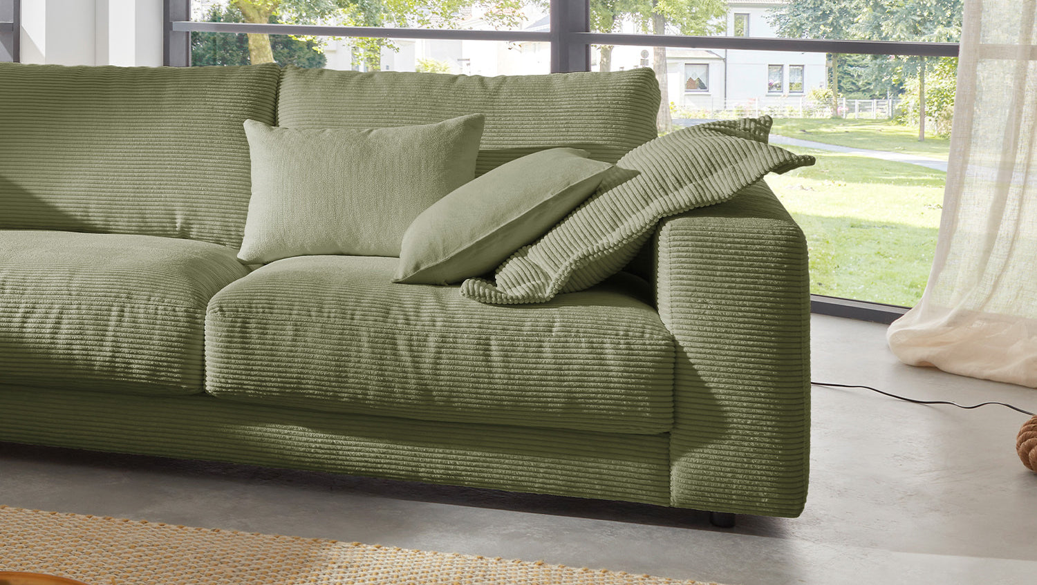 KAWOLA Sofa MADELINE Ecksofa mit Recamiere Cord olivgrün