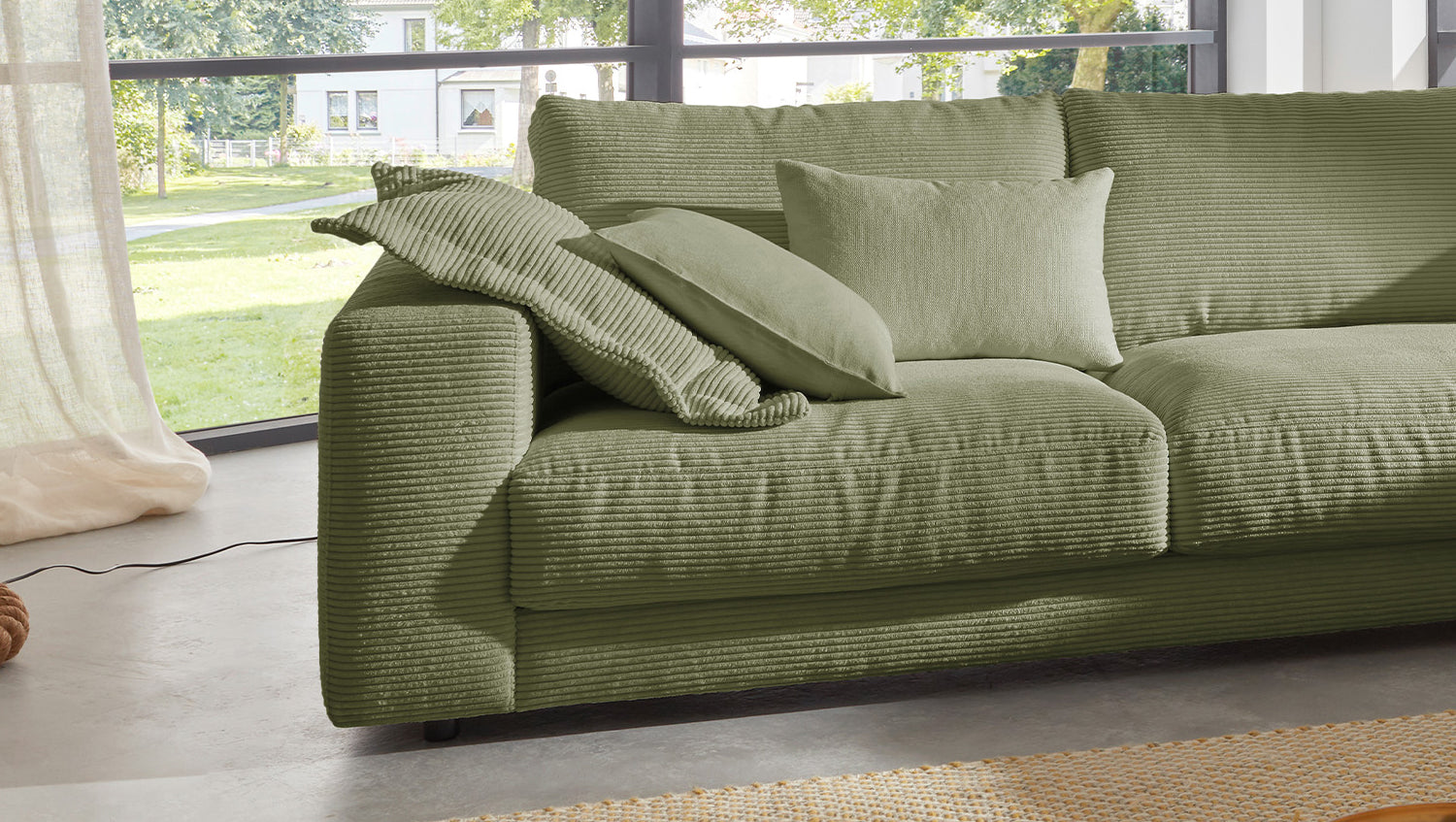 KAWOLA Sofa MADELINE Ecksofa mit Recamiere Cord olivgrün